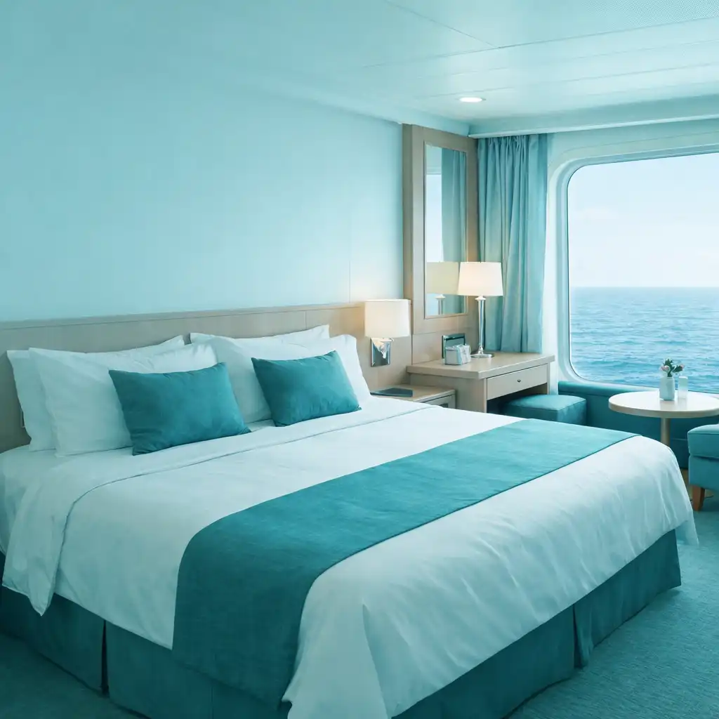 Bright modern cruise ship cabin with a large ocean-view window, neatly made bed, and warm wooden furniture