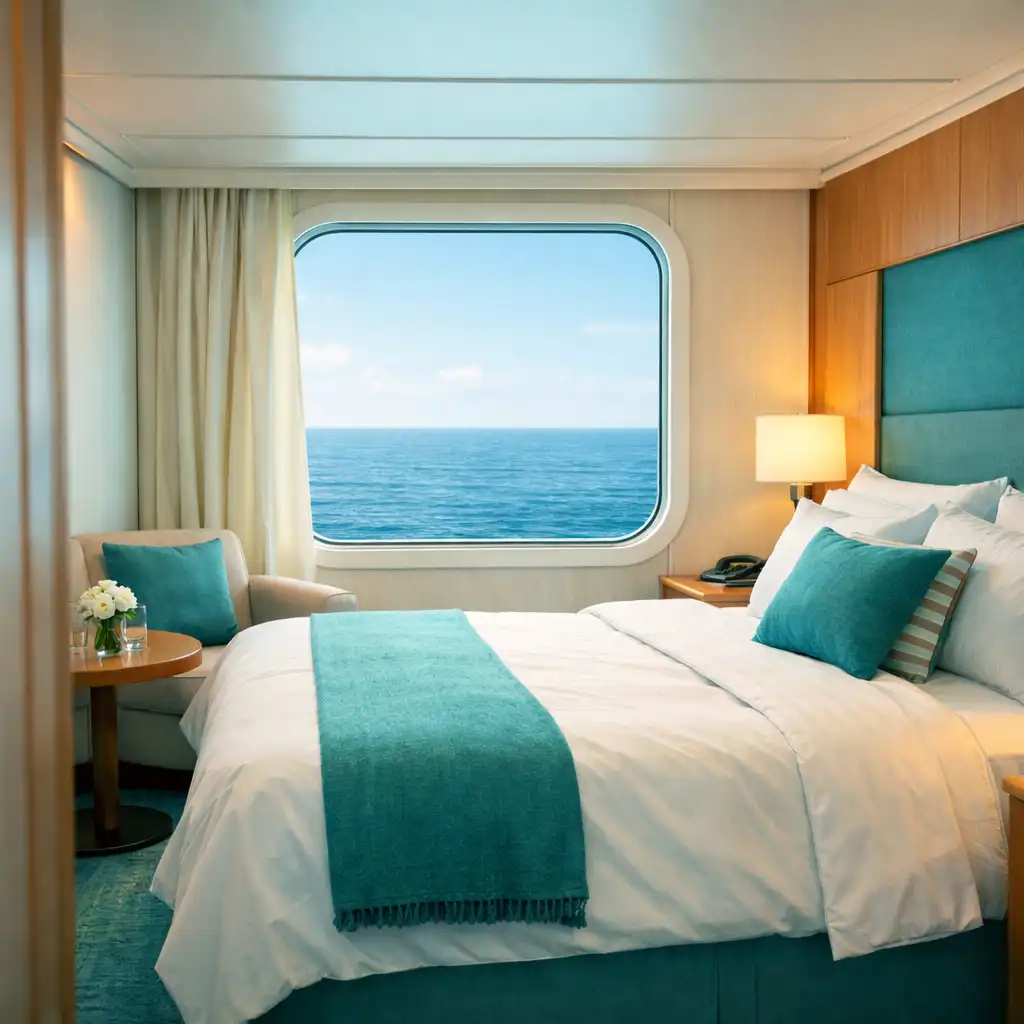 Bright modern cruise ship cabin with a large ocean-view window, white bed linens, and warm wood accents