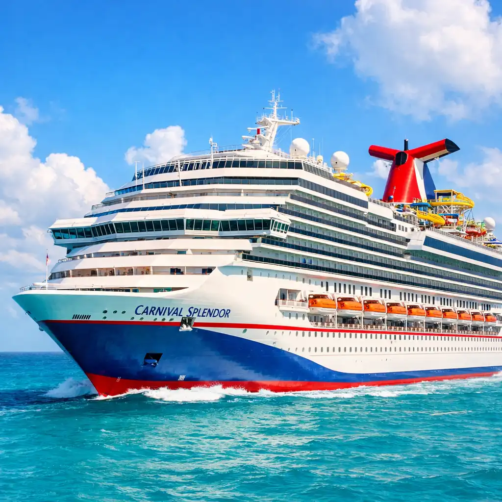 Carnival Splendor cruise ship at sea with its red, white, and blue hull and water park on the top deck