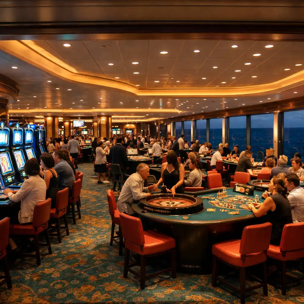 A modern cruise ship casino in the evening with rows of slot machines and gaming tables, warm lighting, and passengers in smart casual attire