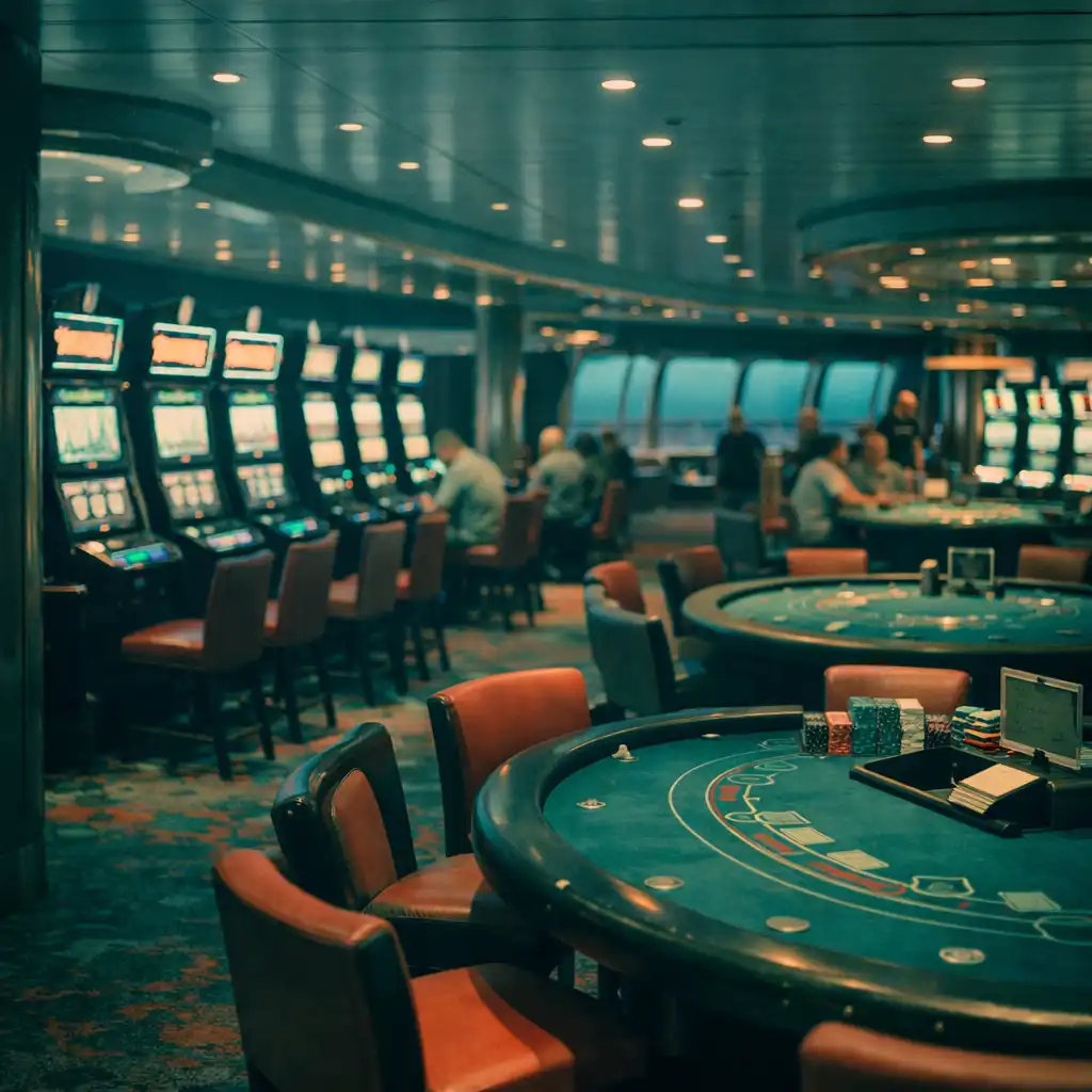 Cruise ship casino deck in the evening with slot machines and a blackjack table under warm and cool lighting