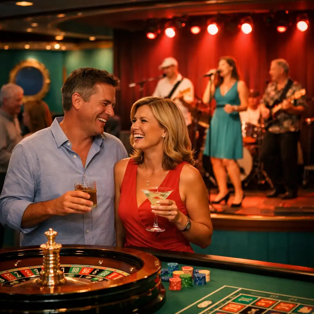 A couple laughing near a roulette table while a live band plays on a small stage in a cruise ship casino decorated with porthole windows and teal accents