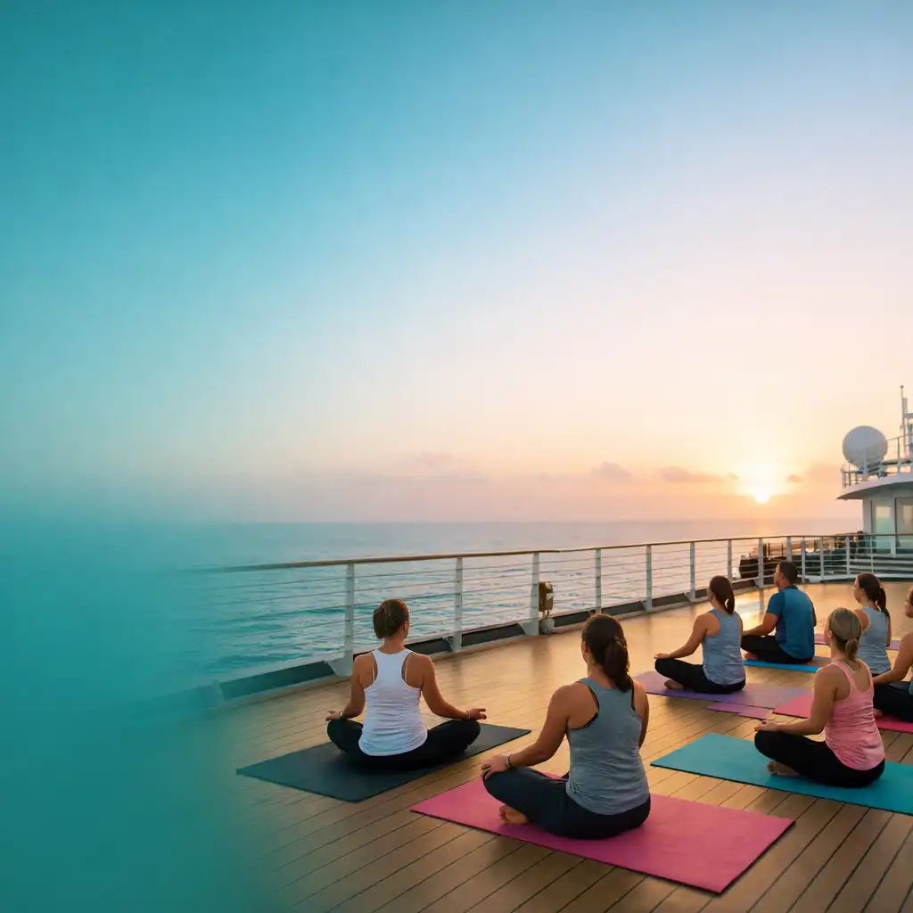 Group yoga class on a cruise ship deck at sunrise with ocean horizon