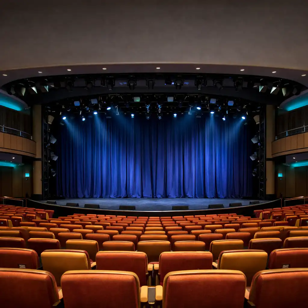 Wide-angle view of a modern cruise ship theatre with red and gold seats and a large stage