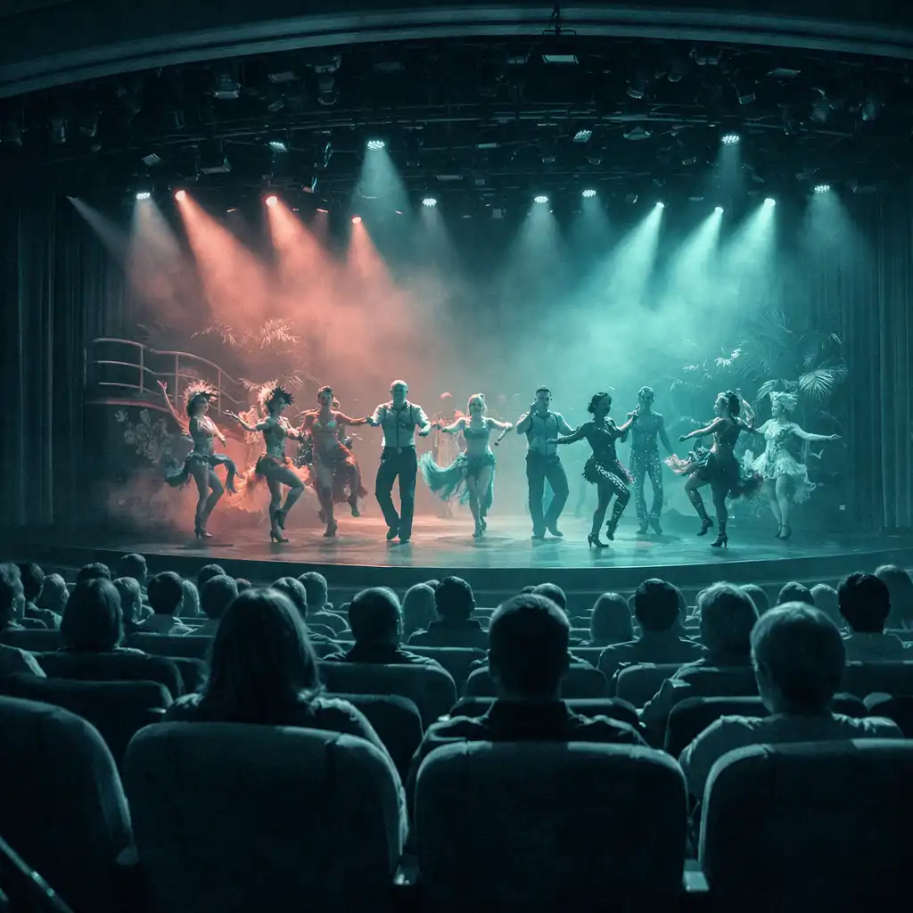 Cruise ship theatre during a live performance with coral red and marine teal stage lighting