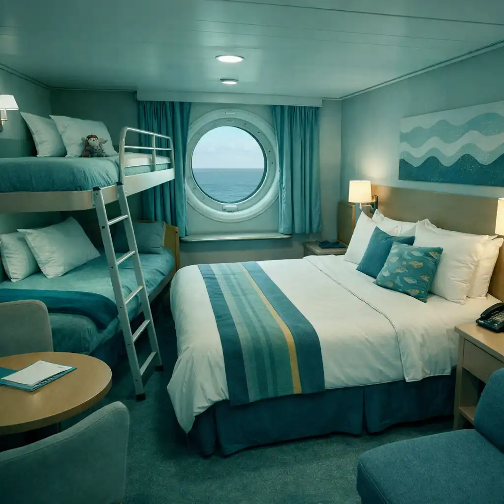 Family-friendly cruise cabin with a double bed, bunk bed, small table, and porthole window