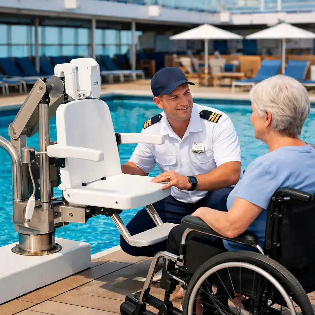 Accessible pool lift on a cruise ship with a crew member assisting a guest