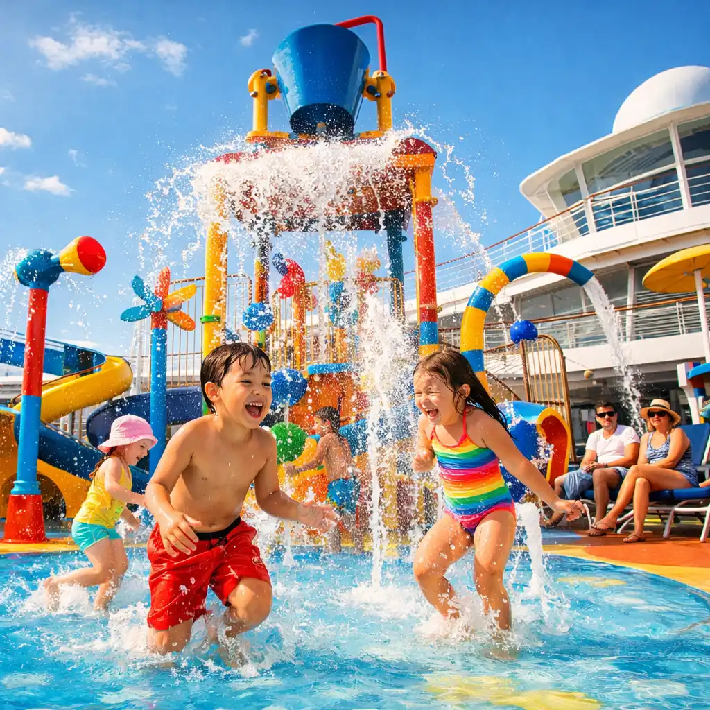 Colourful kids' splash zone with interactive water features and a small waterslide