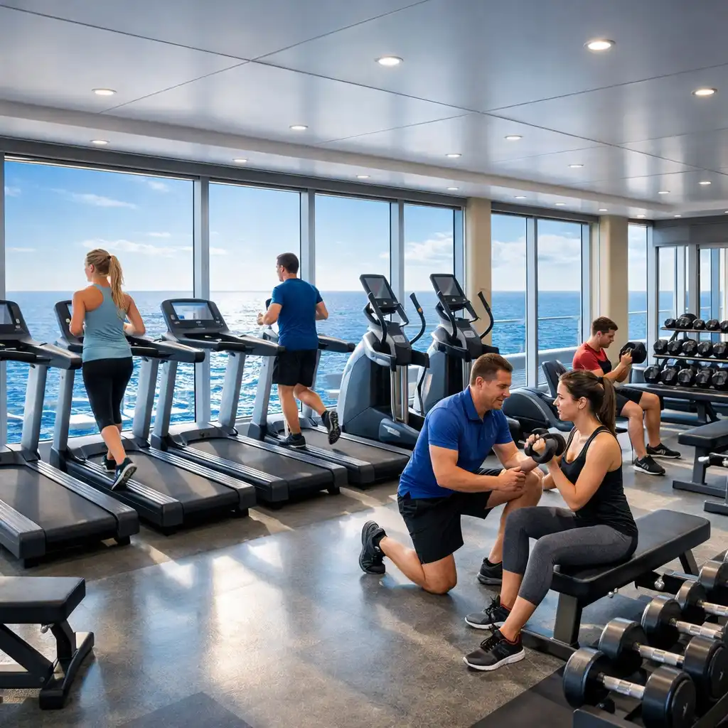 Modern cruise ship gym with floor-to-ceiling windows overlooking the ocean