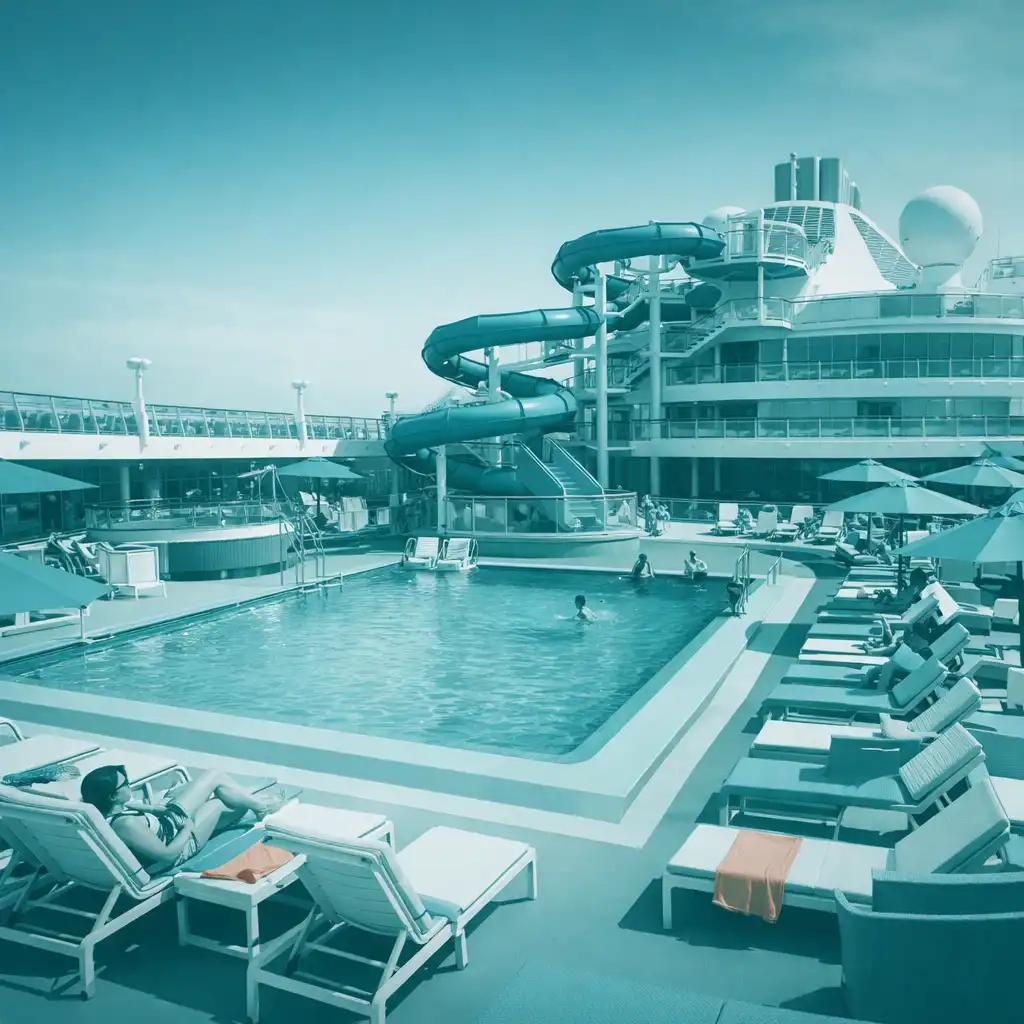 Cruise ship pool deck with a large pool, loungers, and a multi-storey waterslide
