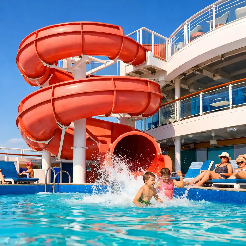 Vibrant coral-red waterslide curving into a splash pool on a cruise ship deck