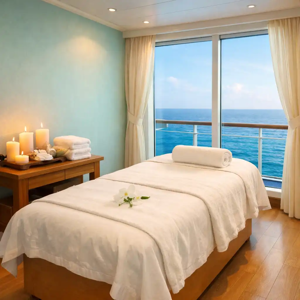 Serene cruise ship spa treatment room with massage table and ocean view