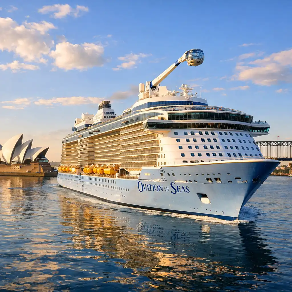 Ovation of the Seas cruise ship sailing in Sydney Harbour with the Opera House in the background