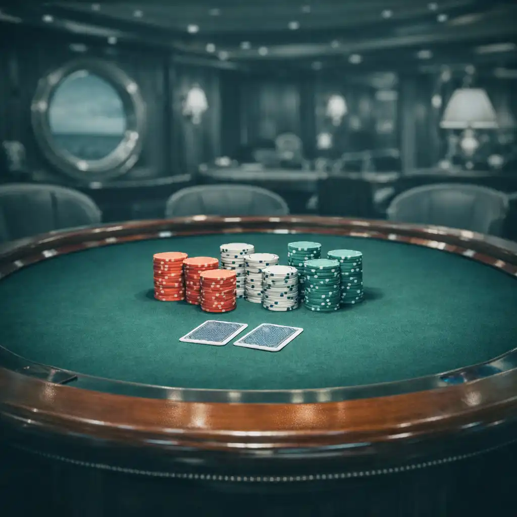 Luxurious cruise ship poker table with chips and playing cards in an elegant onboard casino