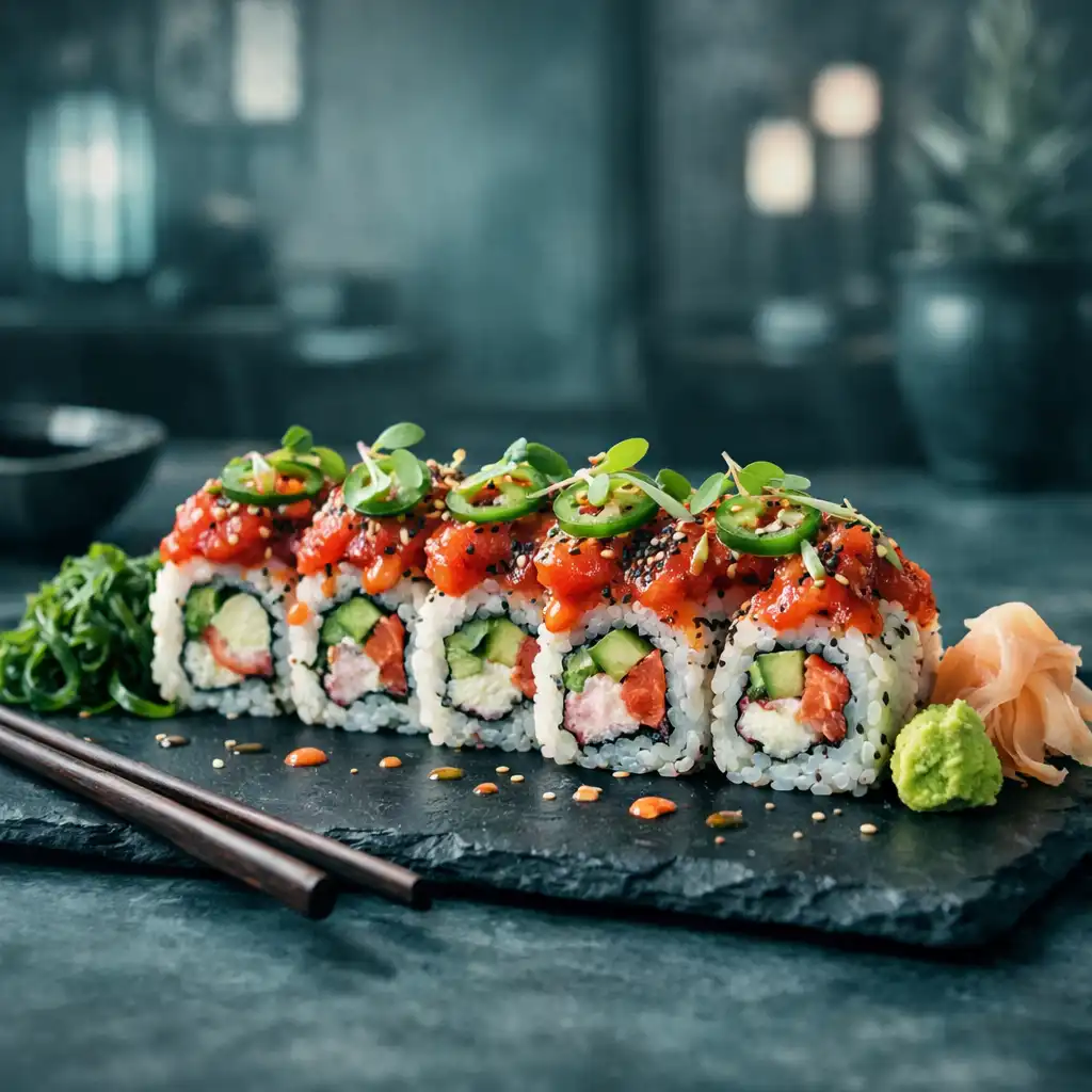 A vibrant Asian fusion dish with sushi rolls on a black slate in a modern restaurant