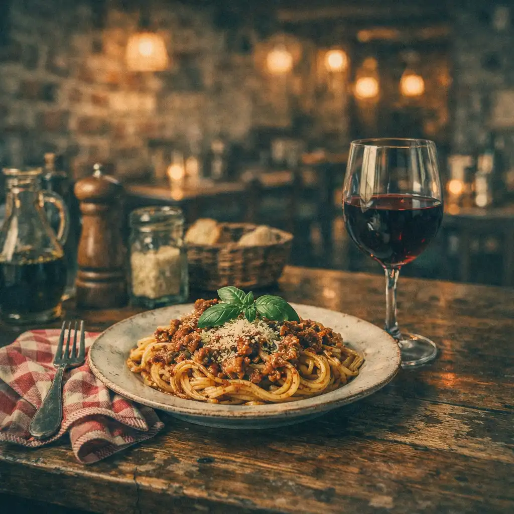 A rustic Italian trattoria table with pasta, red wine, and a checkered napkin in a warm restaurant
