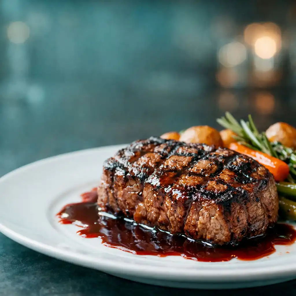 A grilled steak with roasted vegetables and red wine reduction on a white plate in an elegant restaurant